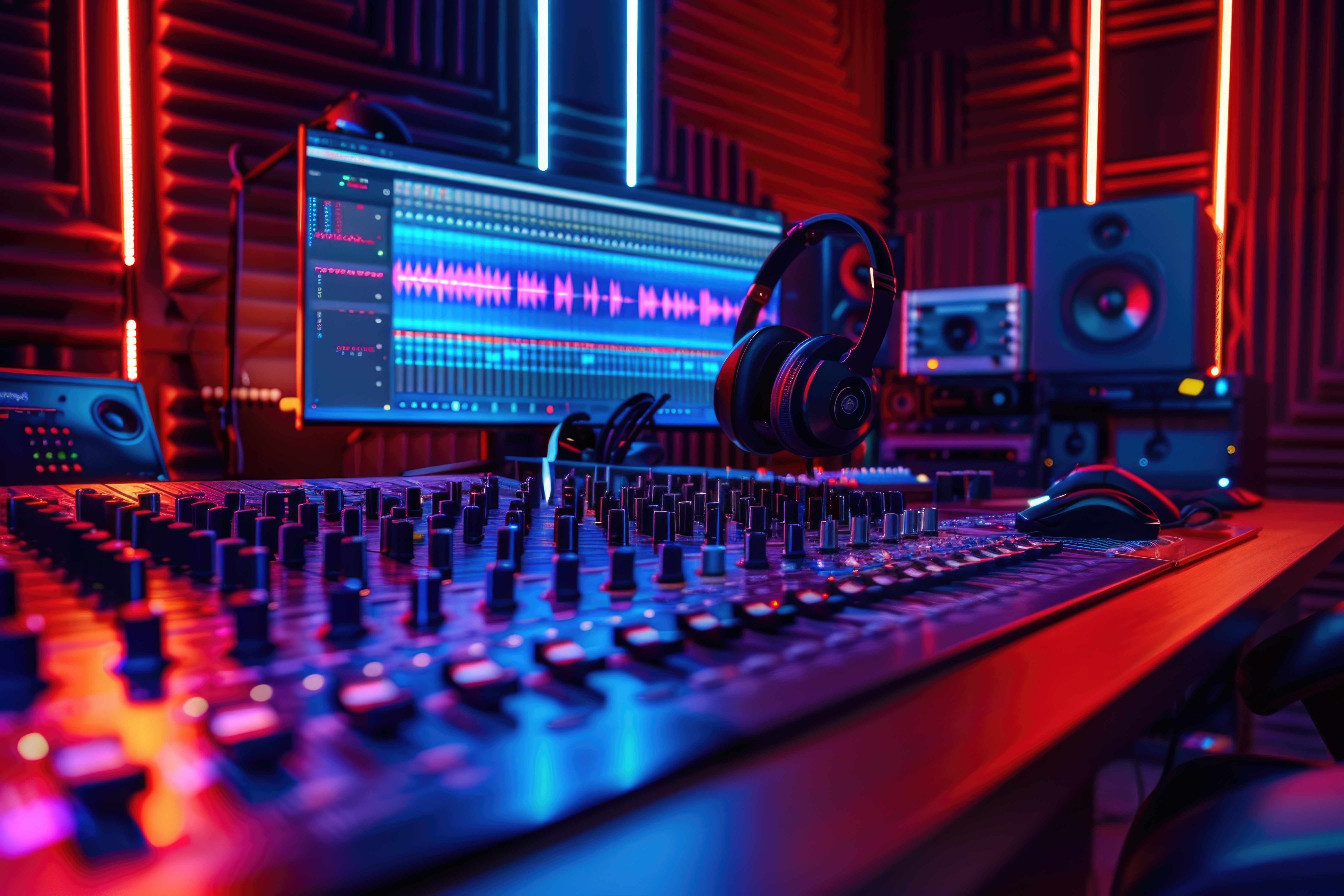 Recording studio mixing console with headphones